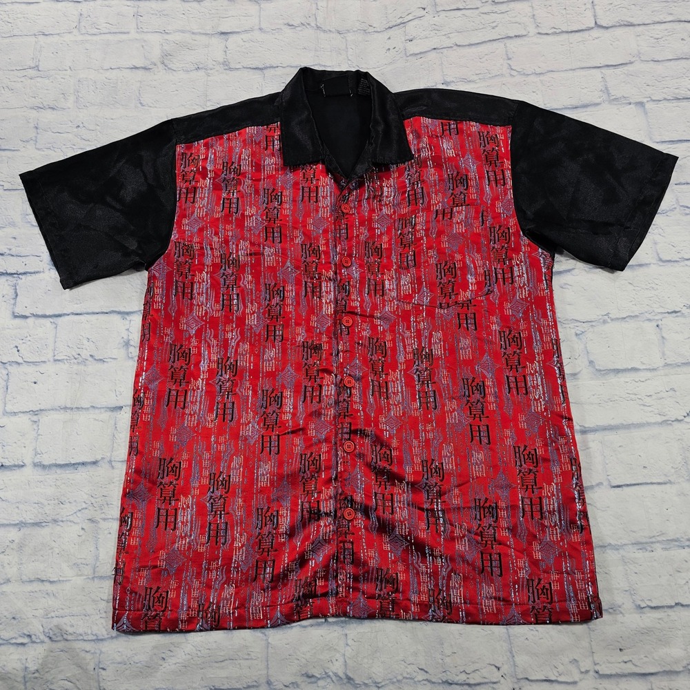 Street Culture Button Shirt MENS L Red Black Kanji Calligraphy Asian Fusion Y2K